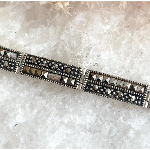 Art Deco Marcasite Geometric 925 Sterling Silver Vintage Bracelet - 8.25" - Picture 1 of 10